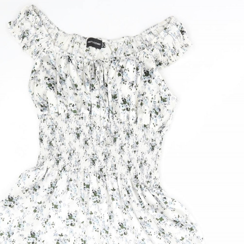 PRETTYLITTLETHING Womens White Floral Polyester Fit & Flare Size 12 Scoop Neck Pullover