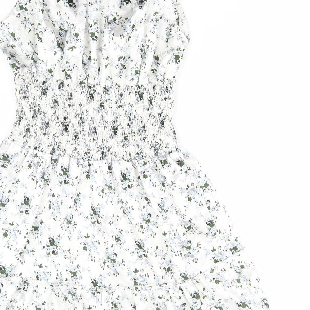 PRETTYLITTLETHING Womens White Floral Polyester Fit & Flare Size 12 Scoop Neck Pullover