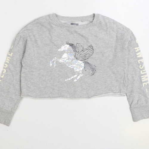 NEXT Girls Grey Cotton Pullover Sweatshirt Size 8 Years Pullover - Unicorn Cropped