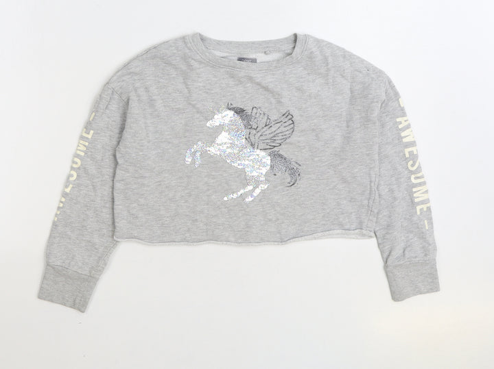 NEXT Girls Grey Cotton Pullover Sweatshirt Size 8 Years Pullover - Unicorn Cropped