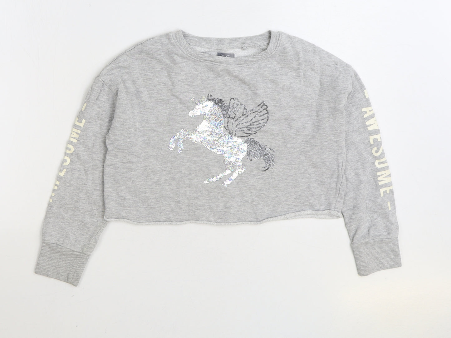 NEXT Girls Grey Cotton Pullover Sweatshirt Size 8 Years Pullover - Unicorn Cropped
