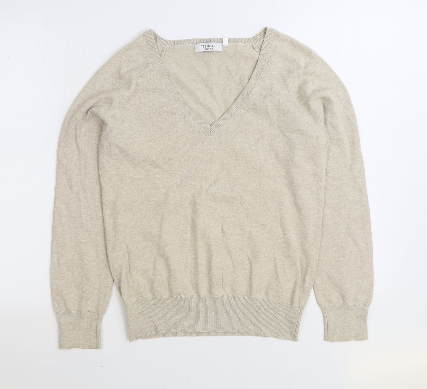 Yessica Womens Beige V-Neck Cotton Pullover Jumper Size M
