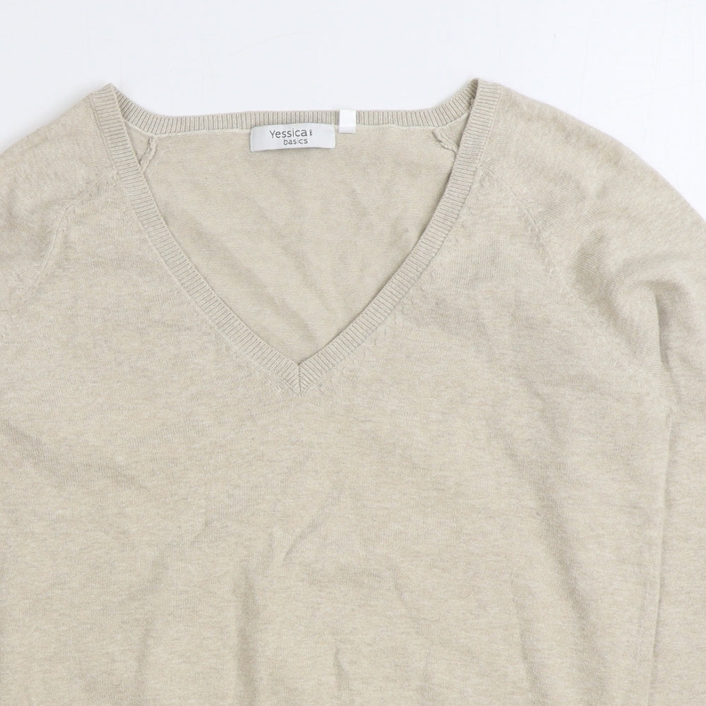 Yessica Womens Beige V-Neck Cotton Pullover Jumper Size M