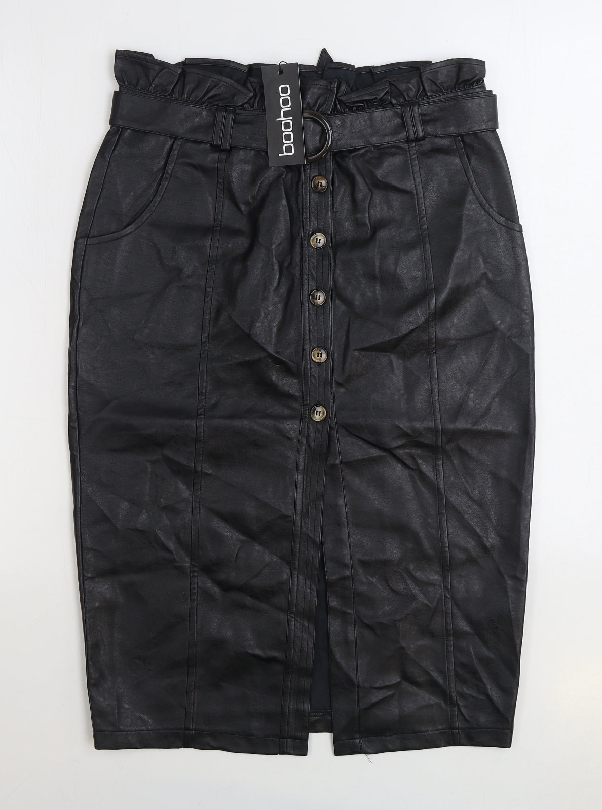 Boohoo Womens Black Polyurethane Straight & Pencil Skirt Size 12 Button - Faux Leather