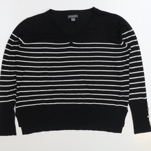 Primark Womens Black V-Neck Striped Acrylic Pullover Jumper Size S
