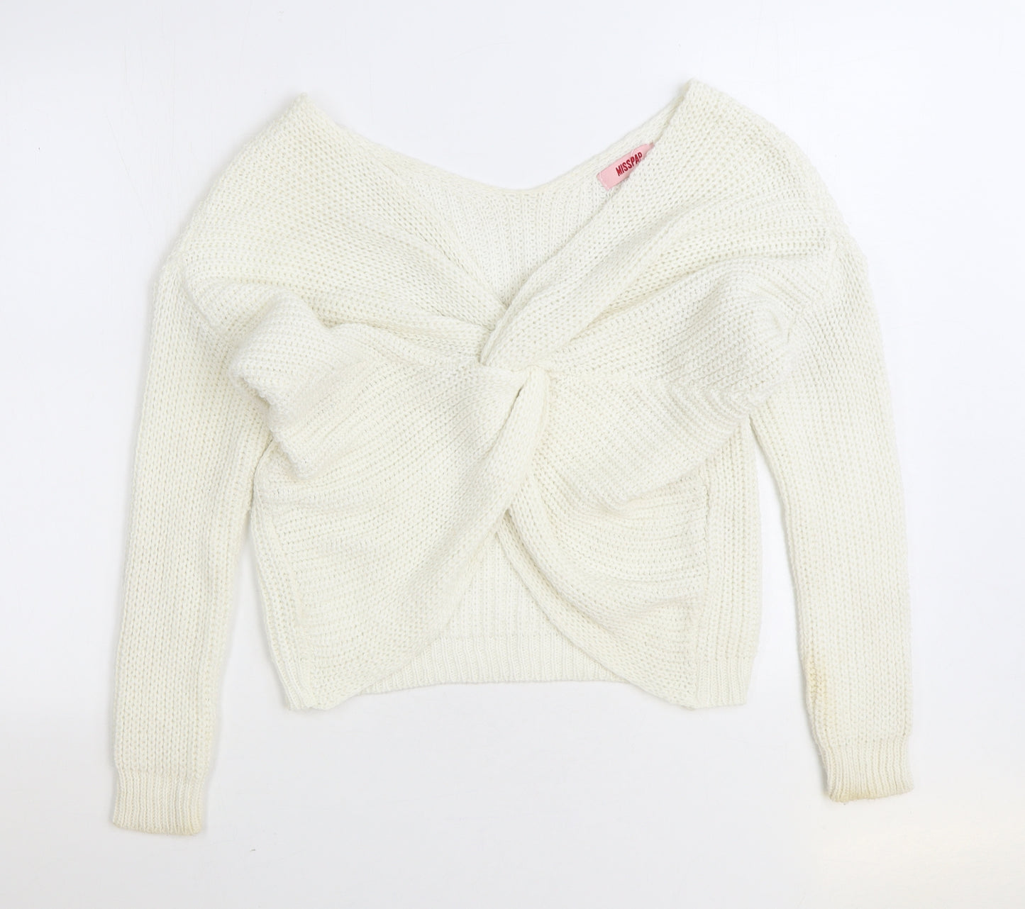 Misspap Womens White V-Neck Acrylic Pullover Jumper Size M - Knot Front