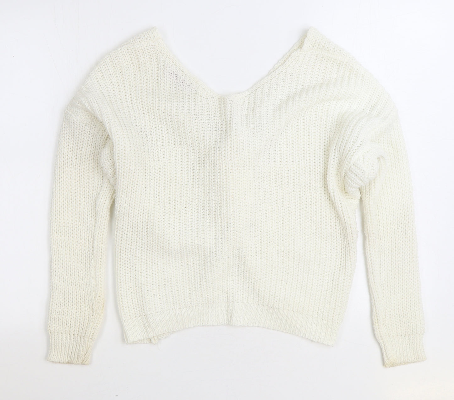 Misspap Womens White V-Neck Acrylic Pullover Jumper Size M - Knot Front