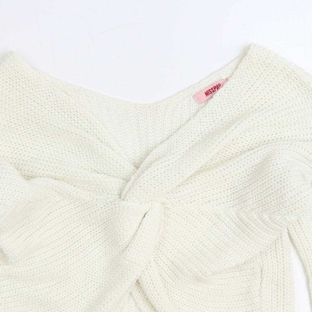 Misspap Womens White V-Neck Acrylic Pullover Jumper Size M - Knot Front