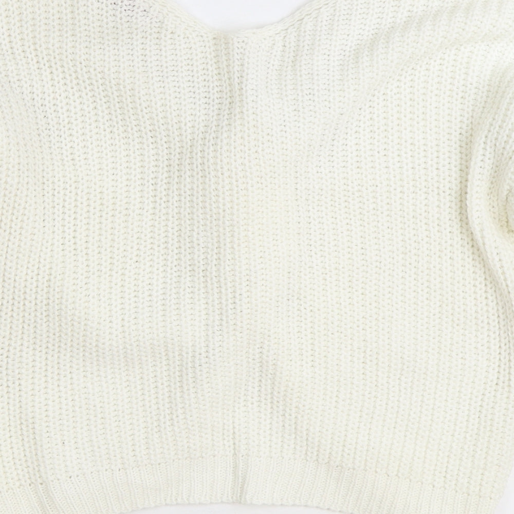 Misspap Womens White V-Neck Acrylic Pullover Jumper Size M - Knot Front