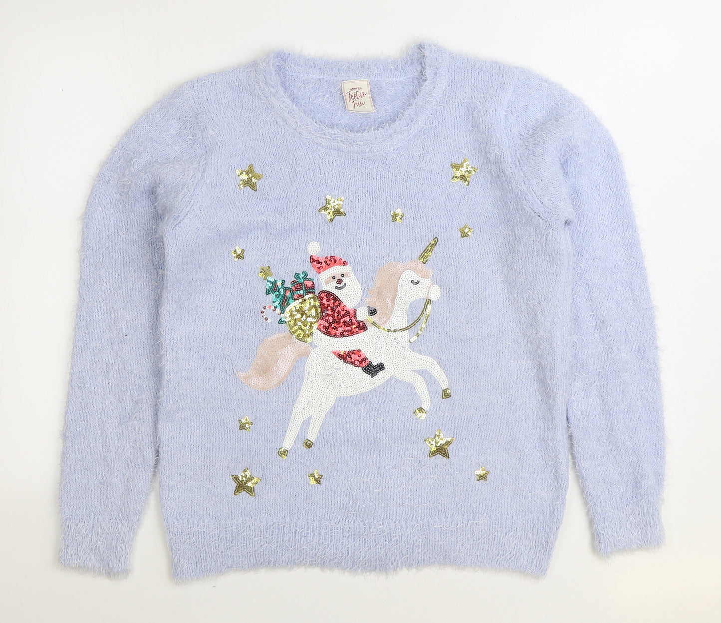 George Womens Blue Round Neck Polyester Pullover Jumper Size 12 - Christmas Unicorn
