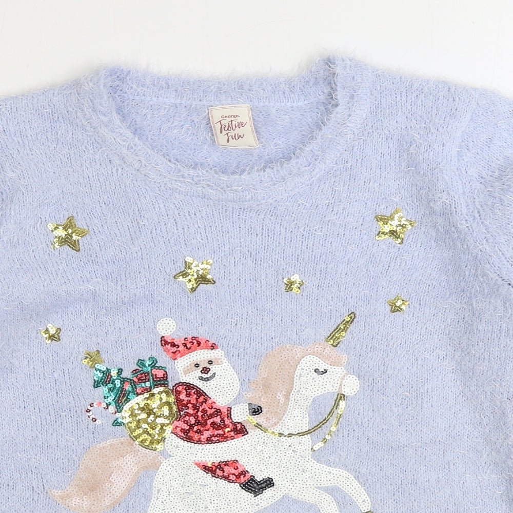 George Womens Blue Round Neck Polyester Pullover Jumper Size 12 - Christmas Unicorn