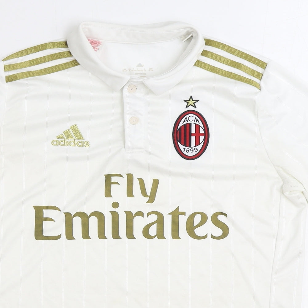 adidas Boys White Striped Polyester Basic Polo Size 15-16 Years Collared Button - AC Milan football club