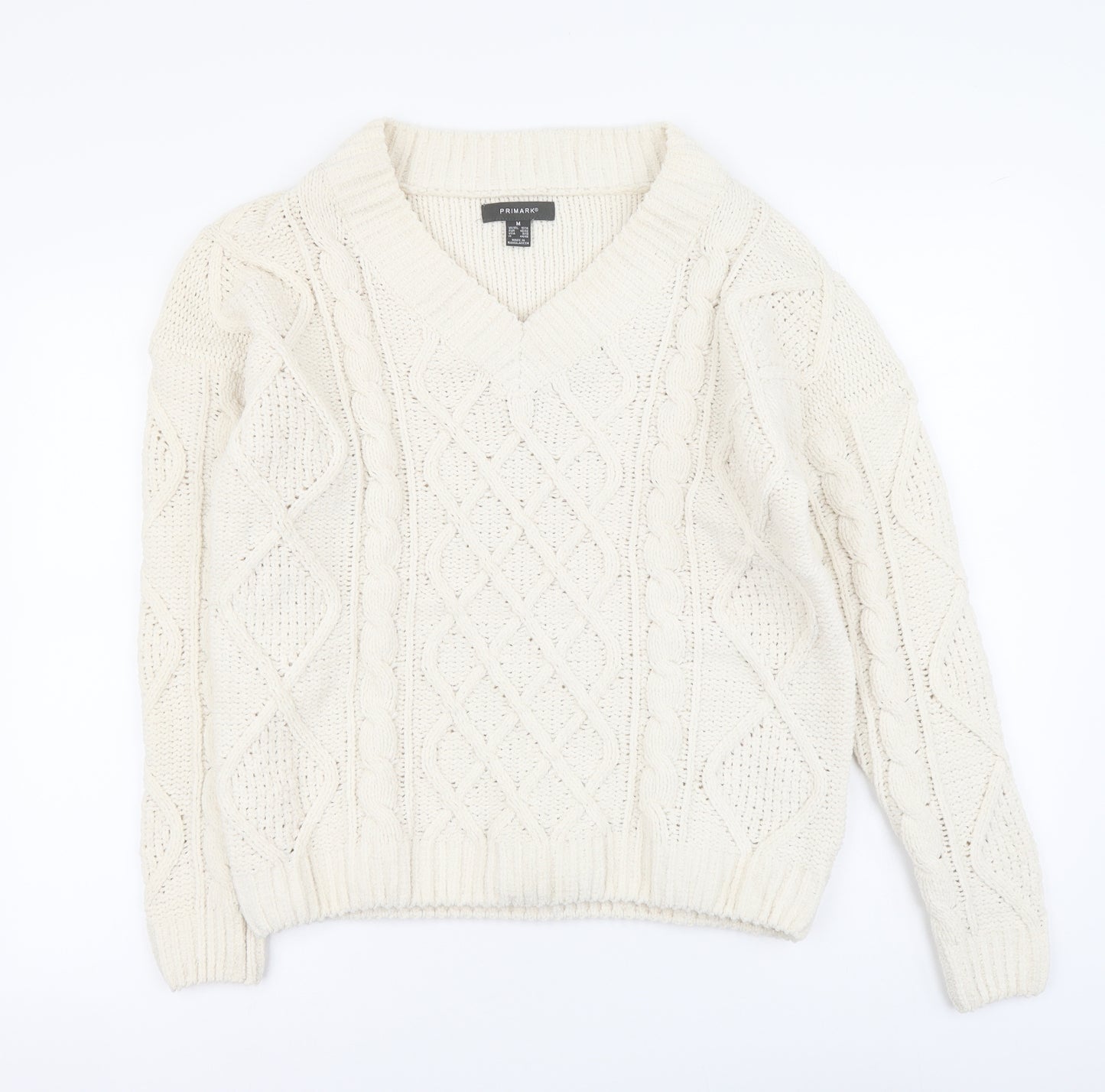 Primark Womens White V-Neck Polyester Pullover Jumper Size M