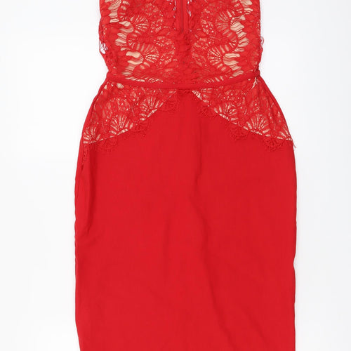 Rare London Womens Red Viscose Bodycon Size 12 Halter Zip