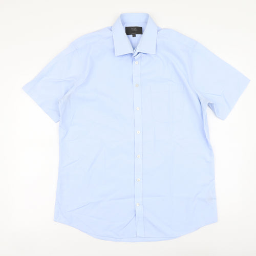 Marks and Spencer Mens Blue Polyester Button-Up Size 16 Collared Button