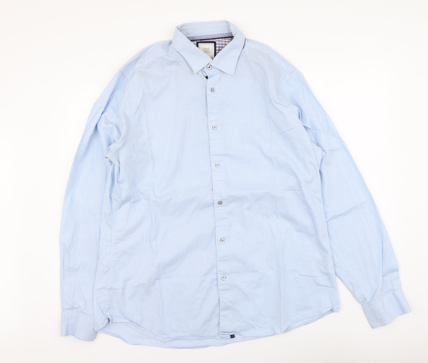 NEXT Mens Blue Check Polyester Button-Up Size 17 Collared Button