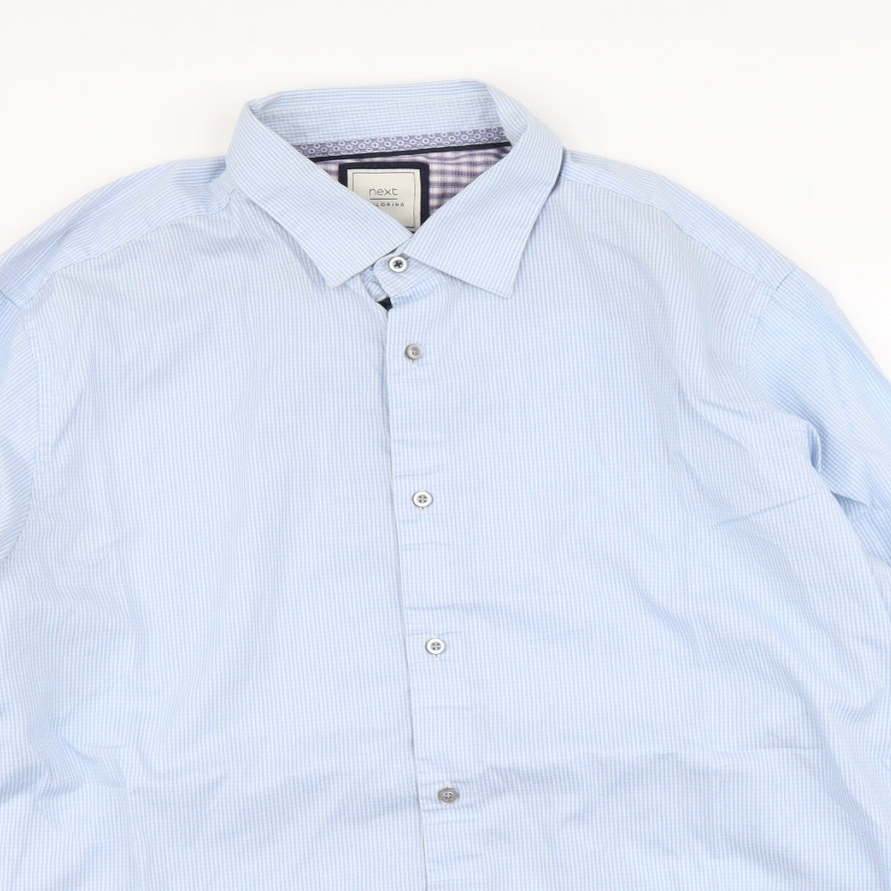 NEXT Mens Blue Check Polyester Button-Up Size 17 Collared Button