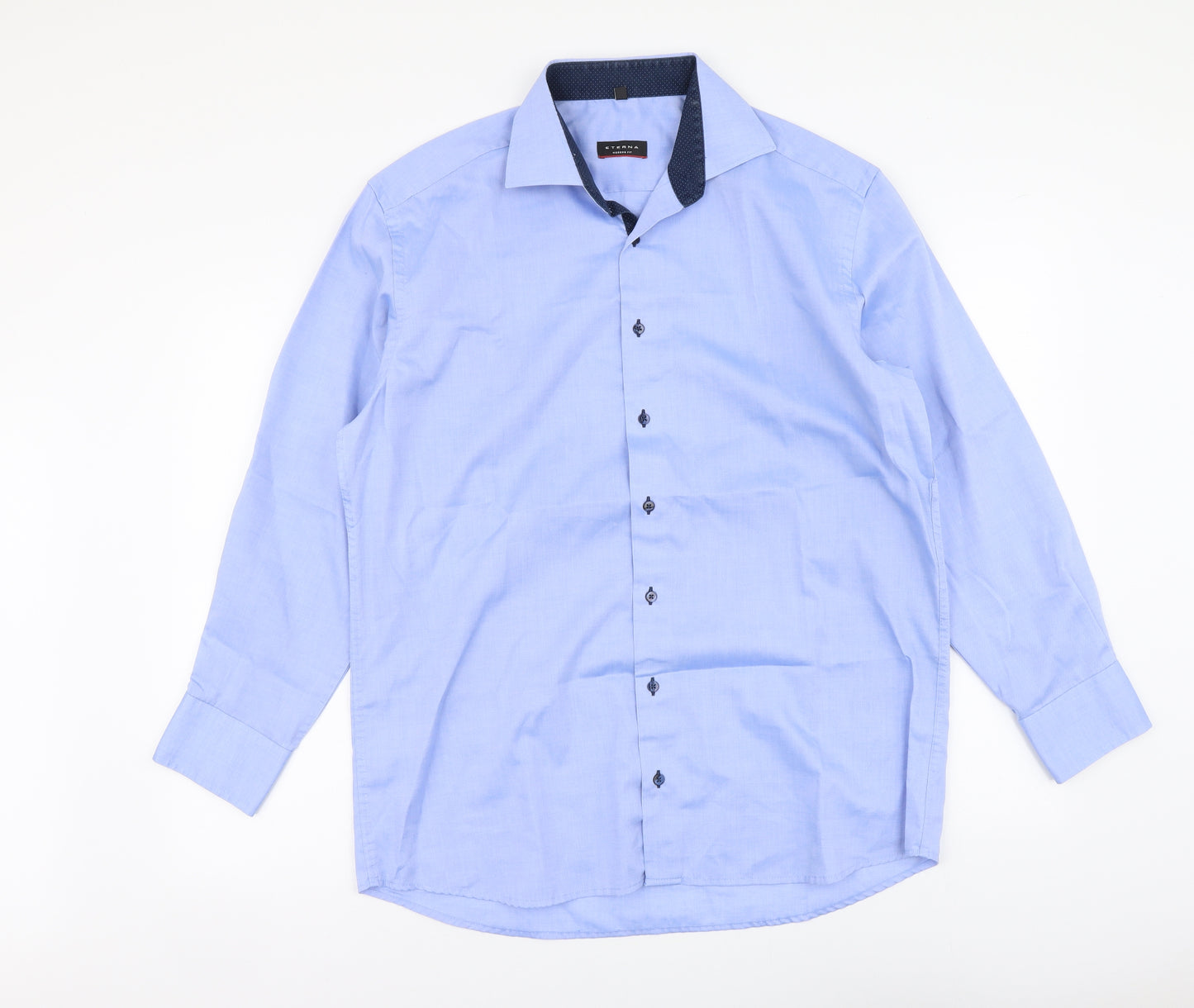Eterna Mens Blue Polyester Button-Up Size 16 Collared Button