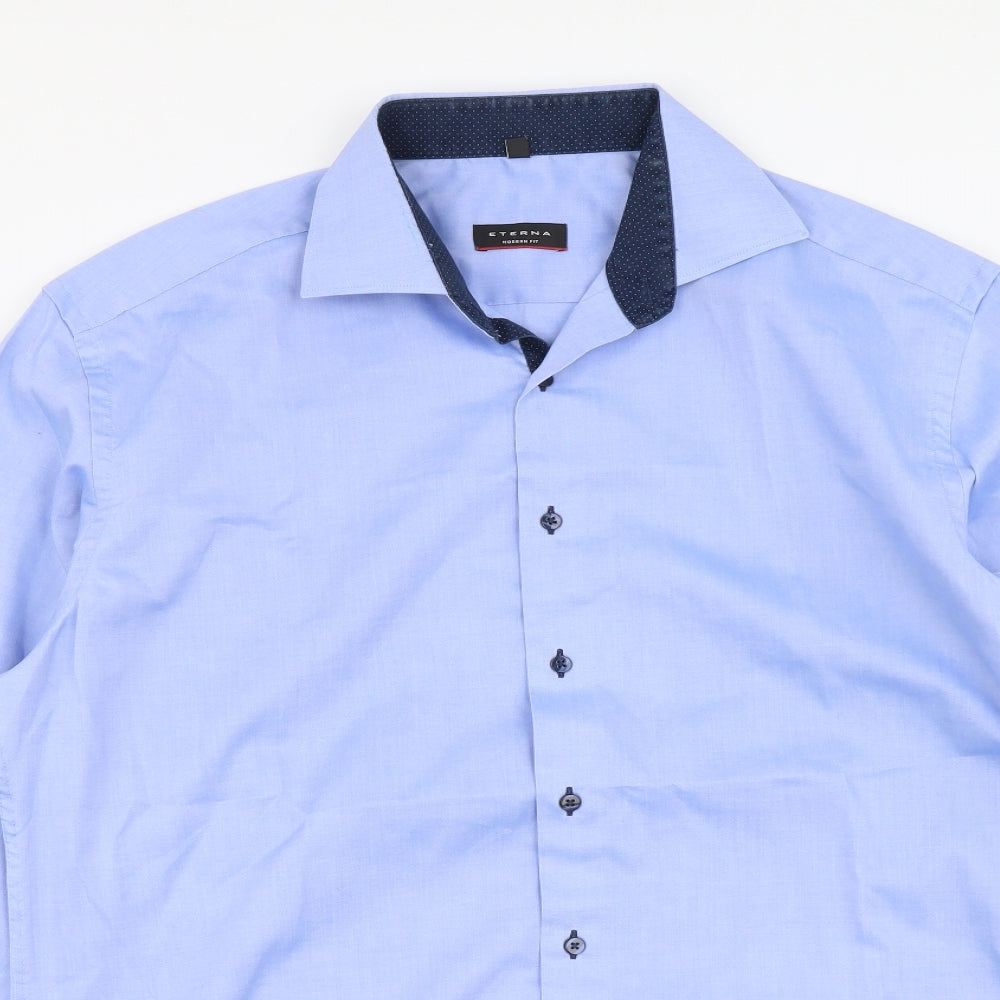 Eterna Mens Blue Polyester Button-Up Size 16 Collared Button