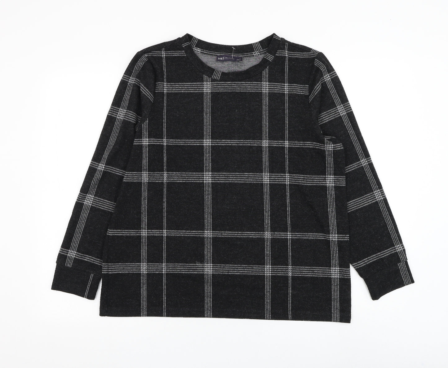 Marks and Spencer Womens Black Round Neck Check Polyester Pullover Jumper Size 14