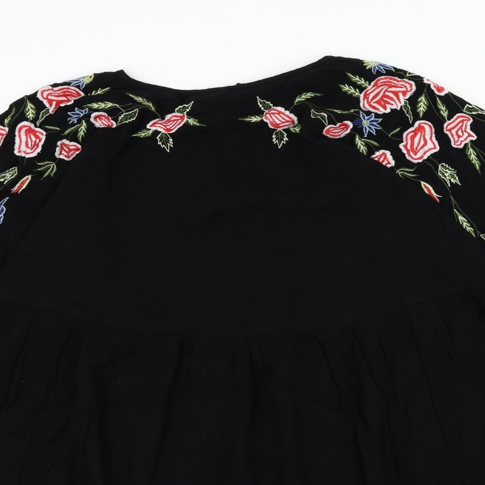 New Look Womens Black Floral Polyester Trapeze & Swing Size 12 Round Neck Tie