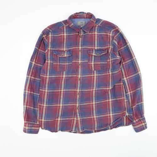 Marks and Spencer Mens Red Plaid Cotton Button-Up Size M Collared Button