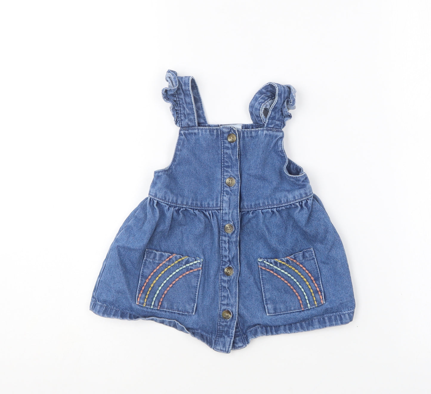 F&F Girls Blue Cotton Pinafore/Dungaree Dress Size 6-9 Months Square Neck Pullover