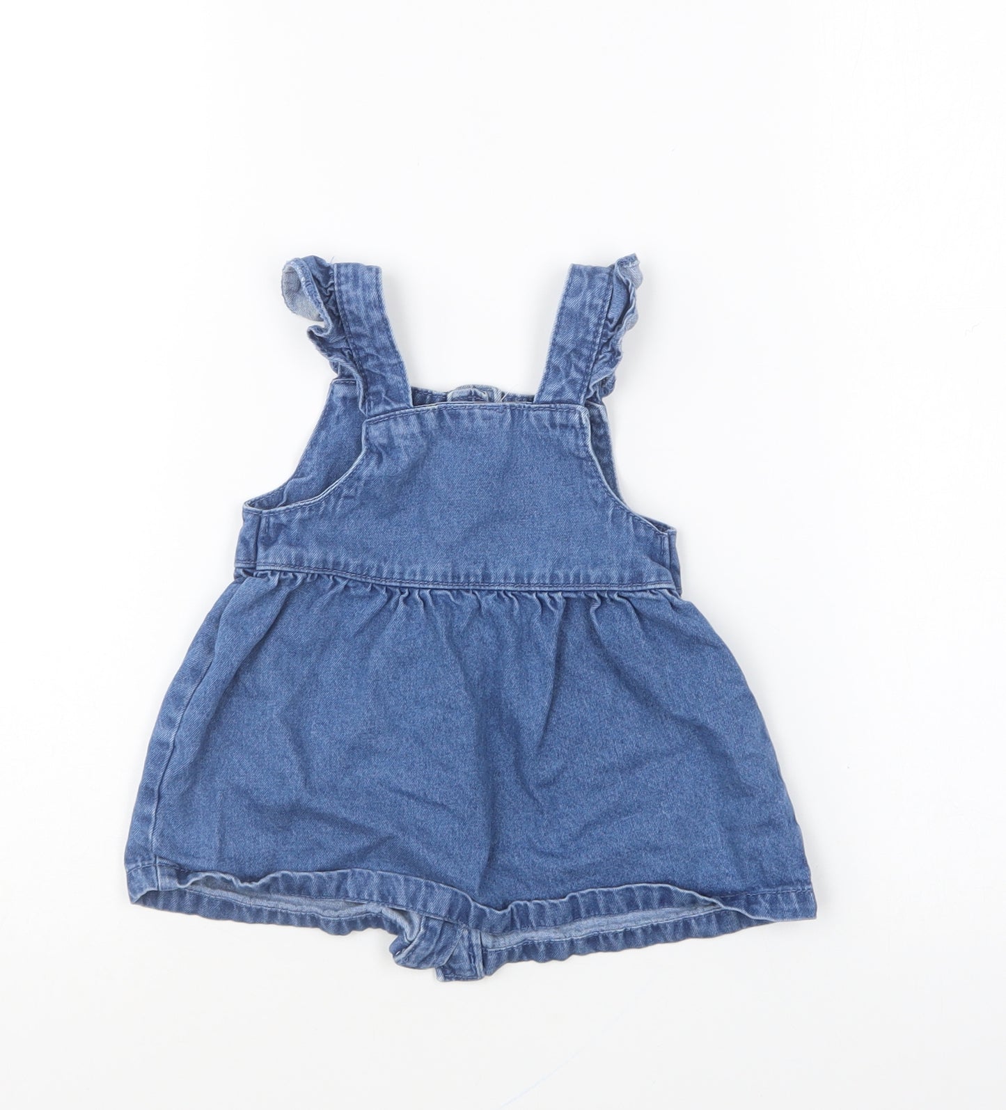 F&F Girls Blue Cotton Pinafore/Dungaree Dress Size 6-9 Months Square Neck Pullover