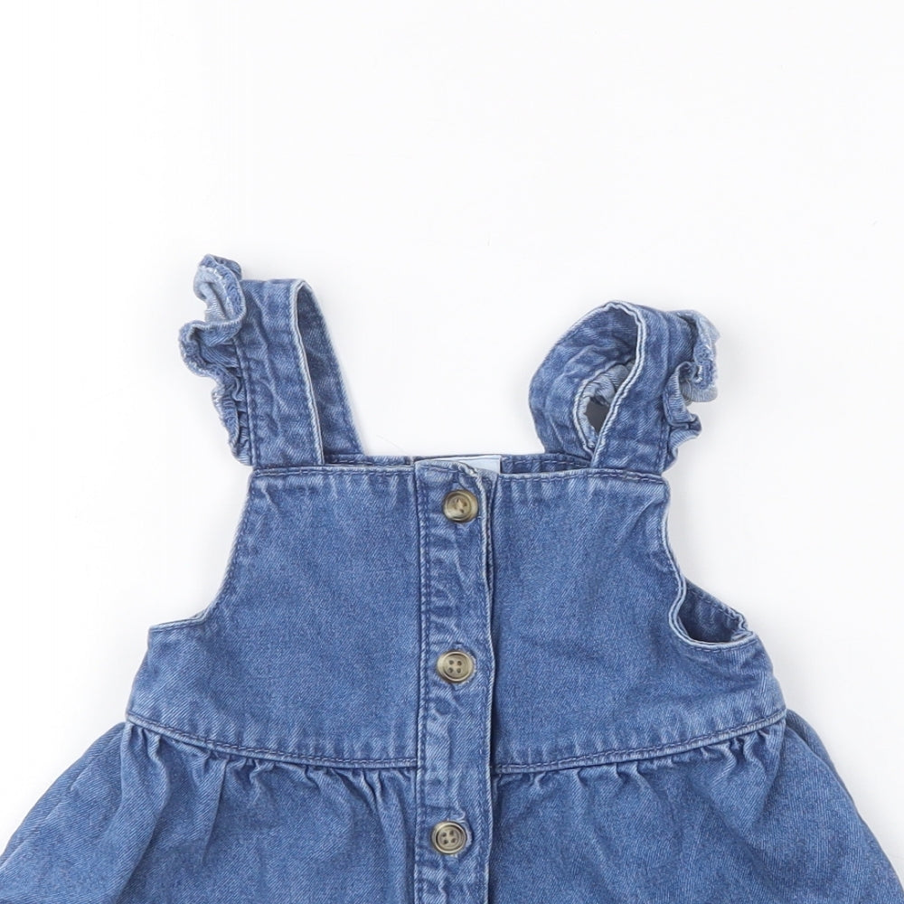 F&F Girls Blue Cotton Pinafore/Dungaree Dress Size 6-9 Months Square Neck Pullover