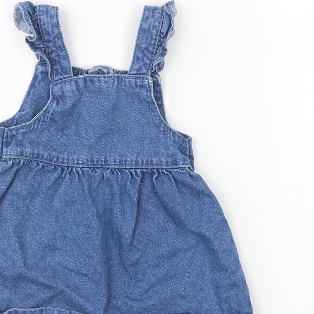 F&F Girls Blue Cotton Pinafore/Dungaree Dress Size 6-9 Months Square Neck Pullover