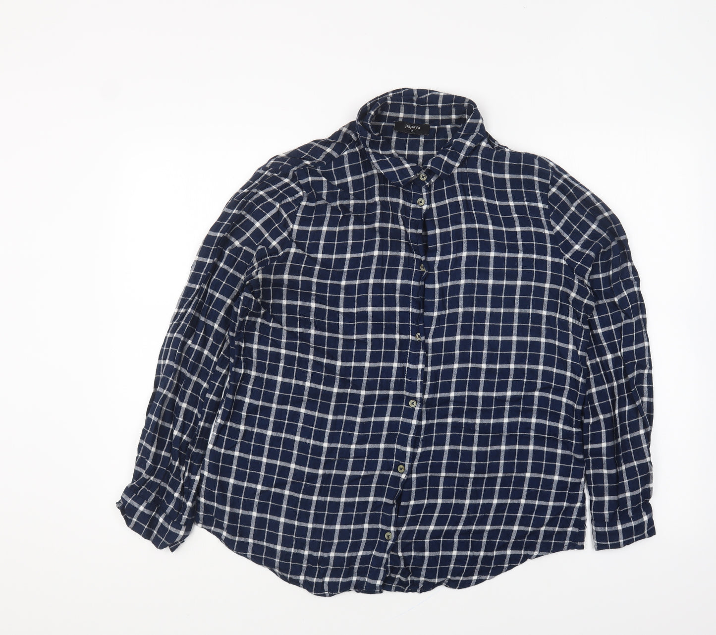 Papaya Womens Blue Plaid Polyester Basic Button-Up Size 10 Collared