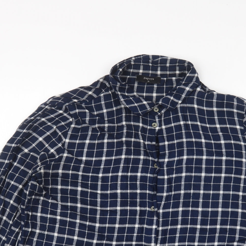 Papaya Womens Blue Plaid Polyester Basic Button-Up Size 10 Collared