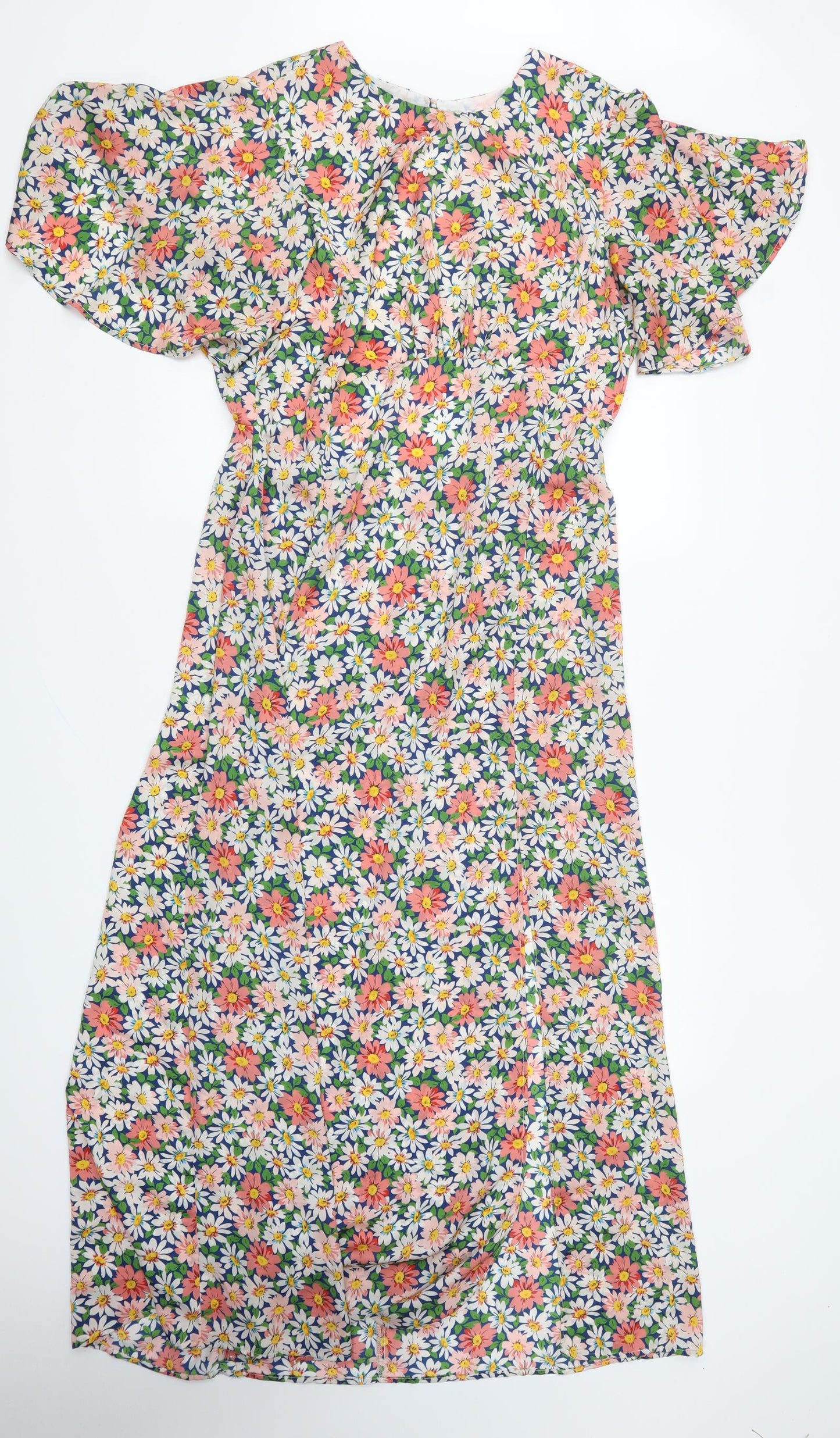 Topshop Womens Multicoloured Floral Polyester Fit & Flare Size 14 Round Neck Button