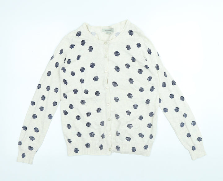 Atmosphere Womens White Round Neck Geometric Cotton Cardigan Jumper Size 10 - Shell pattern