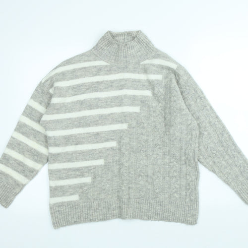 M&Co Womens Grey High Neck Striped Acrylic Pullover Jumper Size S