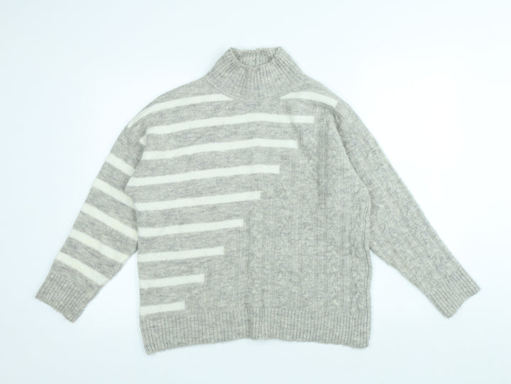 M&Co Womens Grey High Neck Striped Acrylic Pullover Jumper Size S