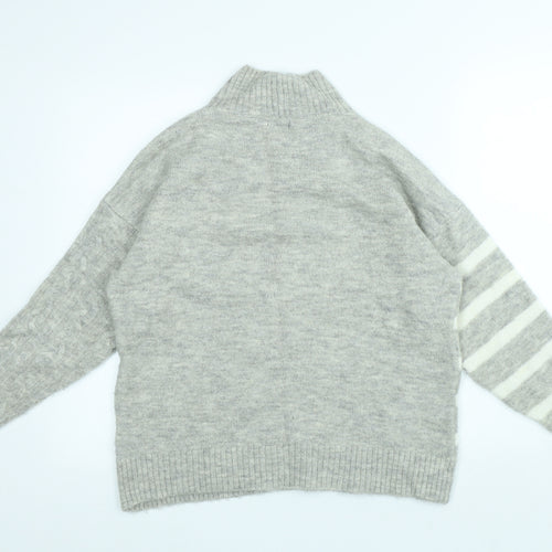 M&Co Womens Grey High Neck Striped Acrylic Pullover Jumper Size S