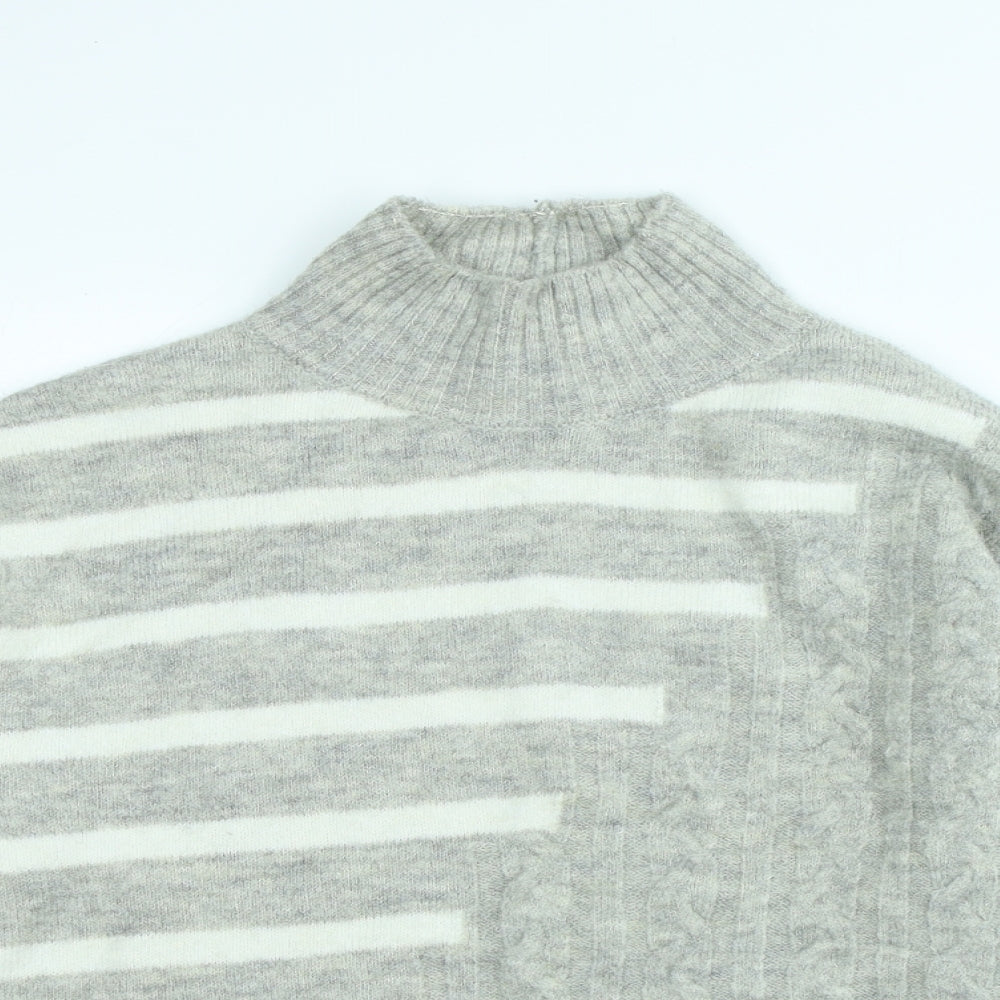 M&Co Womens Grey High Neck Striped Acrylic Pullover Jumper Size S