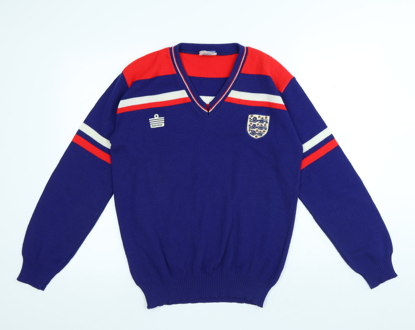 Admiral Mens Blue V-Neck Striped Acrylic Pullover Jumper Size M - England