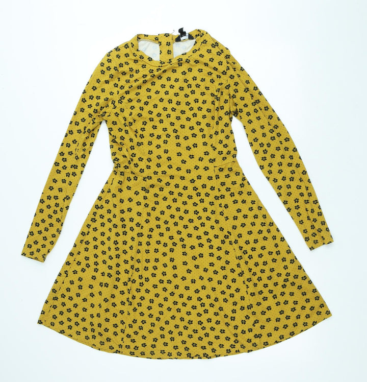 New Look Womens Yellow Geometric Polyester A-Line Size 10 Round Neck Zip