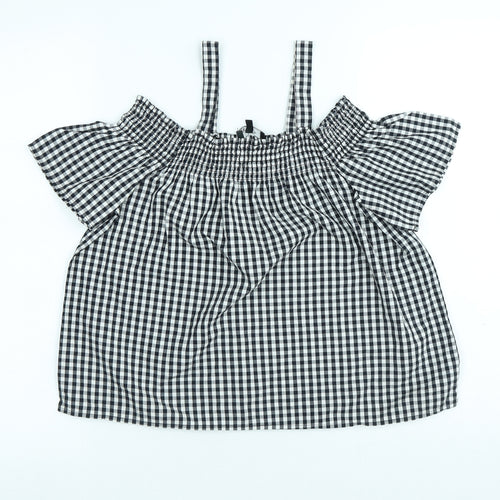 New Look Girls Black Gingham Cotton Basic Blouse Size 15 Years Boat Neck