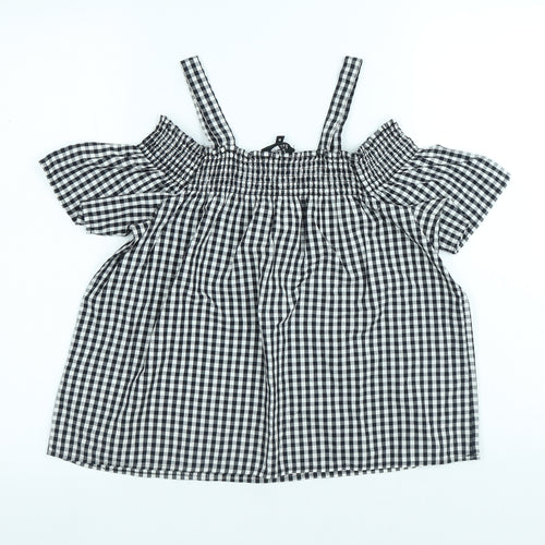 New Look Girls Black Gingham Cotton Basic Blouse Size 15 Years Boat Neck