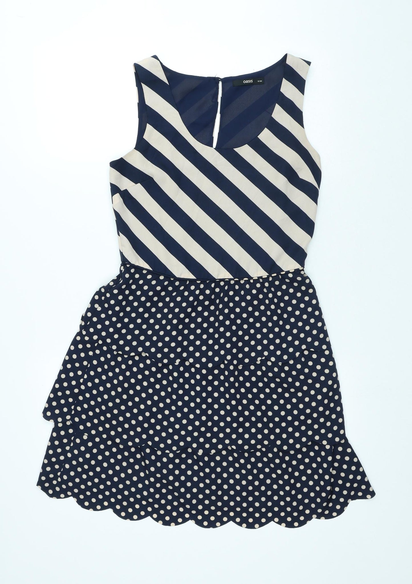 Oasis Womens Blue Polka Dot Polyester A-Line Size 8 Scoop Neck Zip
