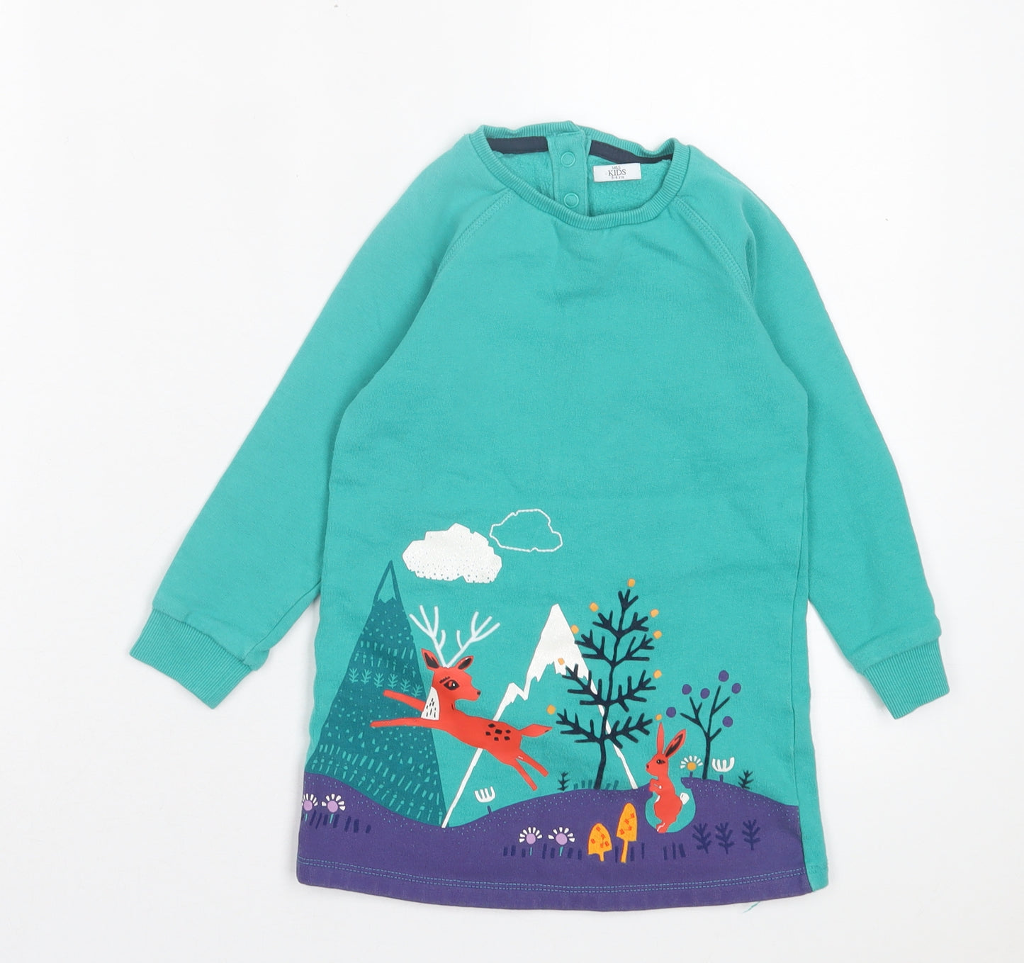 Marks and Spencer Girls Green Cotton Jumper Dress Size 3-4 Years Crew Neck Snap - Mountains