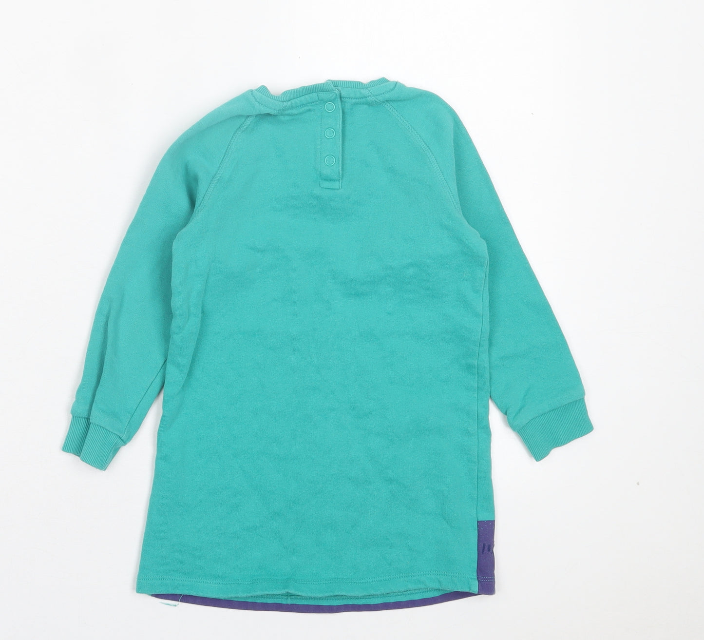 Marks and Spencer Girls Green Cotton Jumper Dress Size 3-4 Years Crew Neck Snap - Mountains