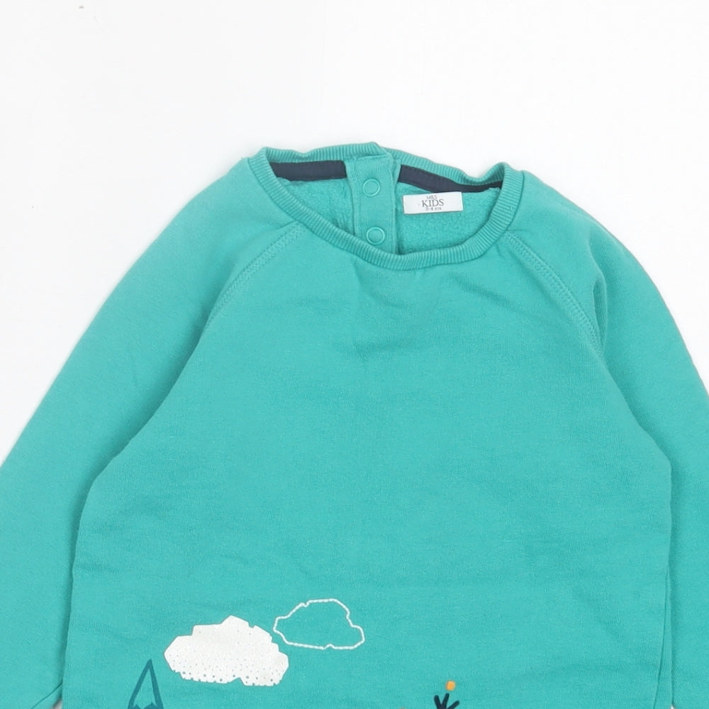 Marks and Spencer Girls Green Cotton Jumper Dress Size 3-4 Years Crew Neck Snap - Mountains
