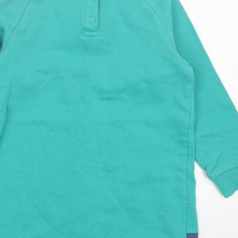 Marks and Spencer Girls Green Cotton Jumper Dress Size 3-4 Years Crew Neck Snap - Mountains