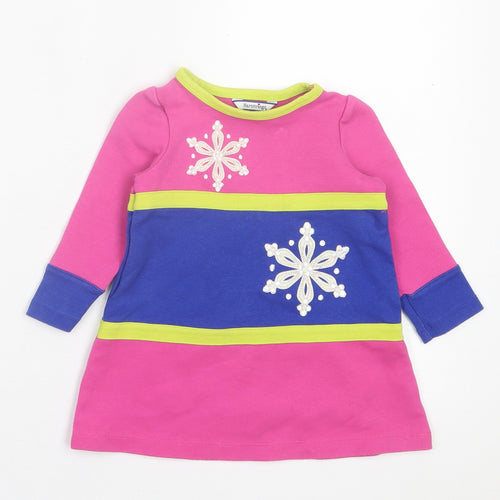 Hartstrings Girls Pink Cotton Jumper Dress Size 18 Months Crew Neck Button - Snowflakes