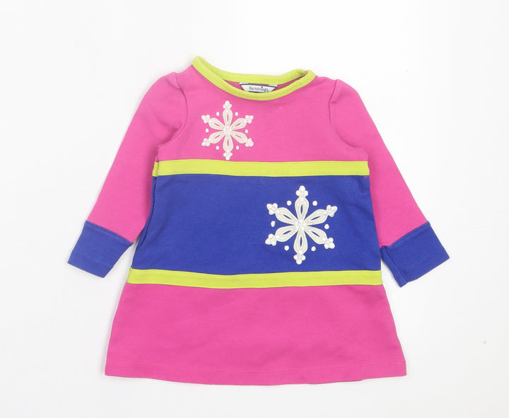 Hartstrings Girls Pink Cotton Jumper Dress Size 18 Months Crew Neck Button - Snowflakes
