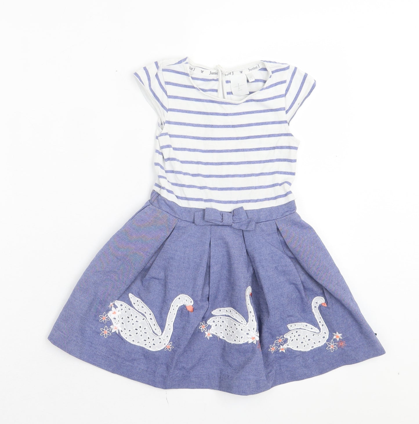 Debenhams Girls Blue Striped Cotton Fit & Flare Size 2-3 Years Crew Neck Button - Swan Print